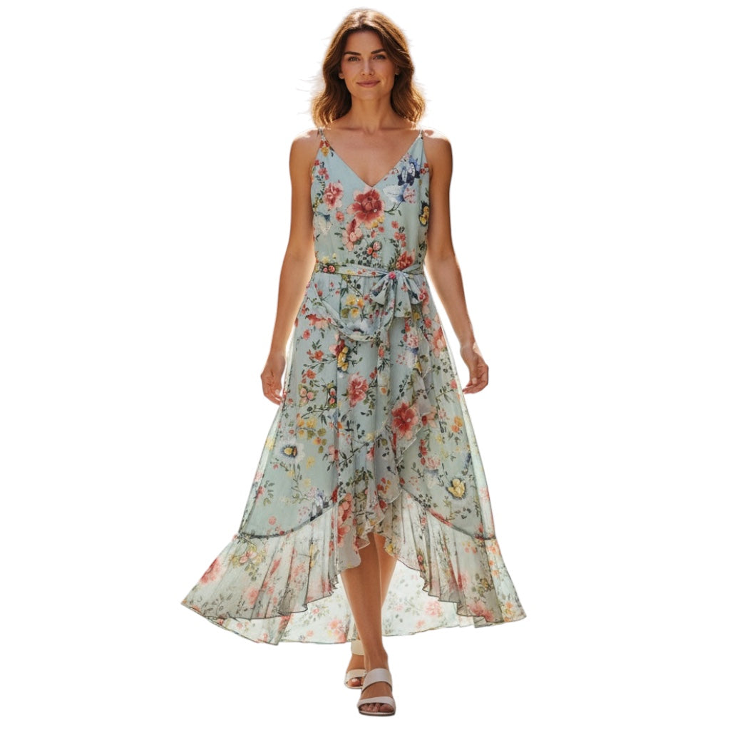 Alice + Olivia Light Blue Floral Print Mable Faux Wrap Midi Dress