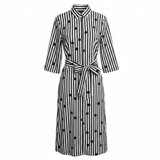 Akris Punto Black / White Stripe and Polka Dot Print Cotton Midi Dress with Belt