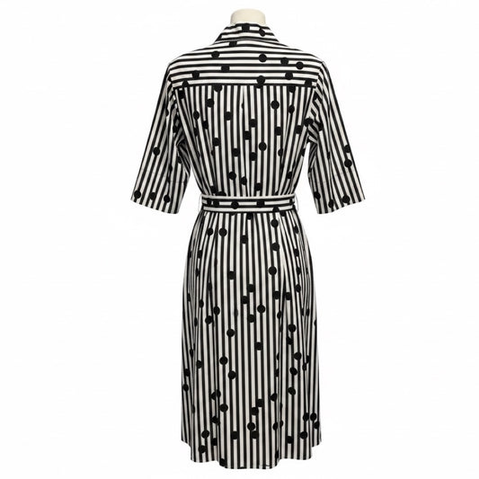Akris Punto Black / White Stripe and Polka Dot Print Cotton Midi Dress with Belt