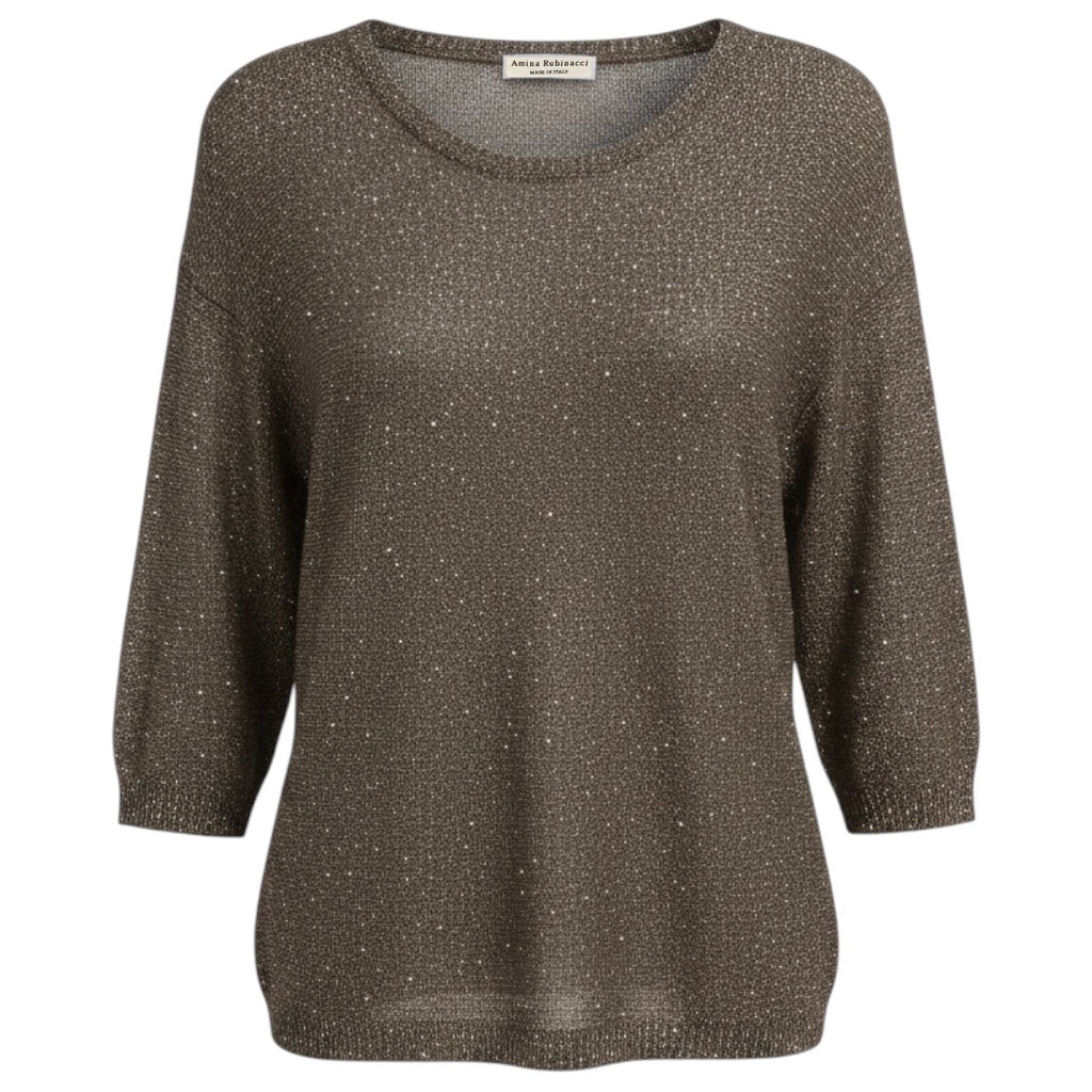 Amina Rubinacci Taupe / Silver Micro Sequined Three Quarter Sleeved Linen and Cotton Knit Sweater