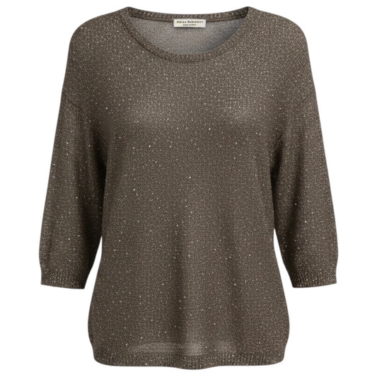 Amina Rubinacci Taupe / Silver Micro Sequined Three Quarter Sleeved Linen and Cotton Knit Sweater