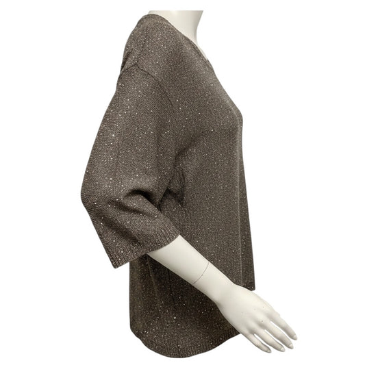 Amina Rubinacci Taupe / Silver Micro Sequined Three Quarter Sleeved Linen and Cotton Knit Sweater