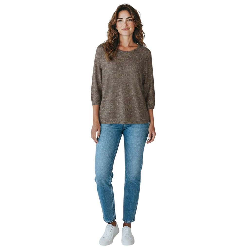 Amina Rubinacci Taupe / Silver Micro Sequined Three Quarter Sleeved Linen and Cotton Knit Sweater