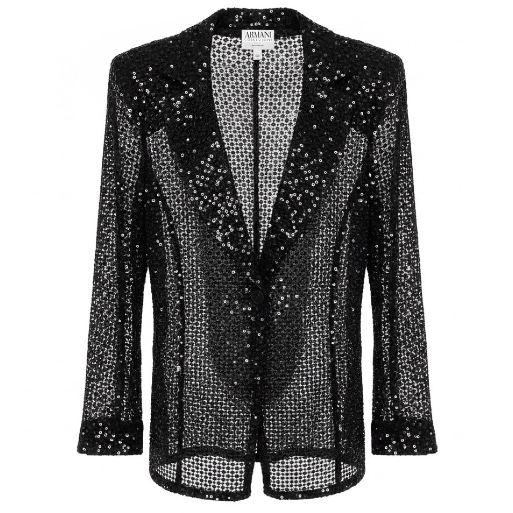 Armani Collezioni Black Micro Sequined and Embroidered Sheer Blazer Jacket