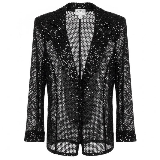 Armani Collezioni Black Micro Sequined and Embroidered Sheer Blazer Jacket