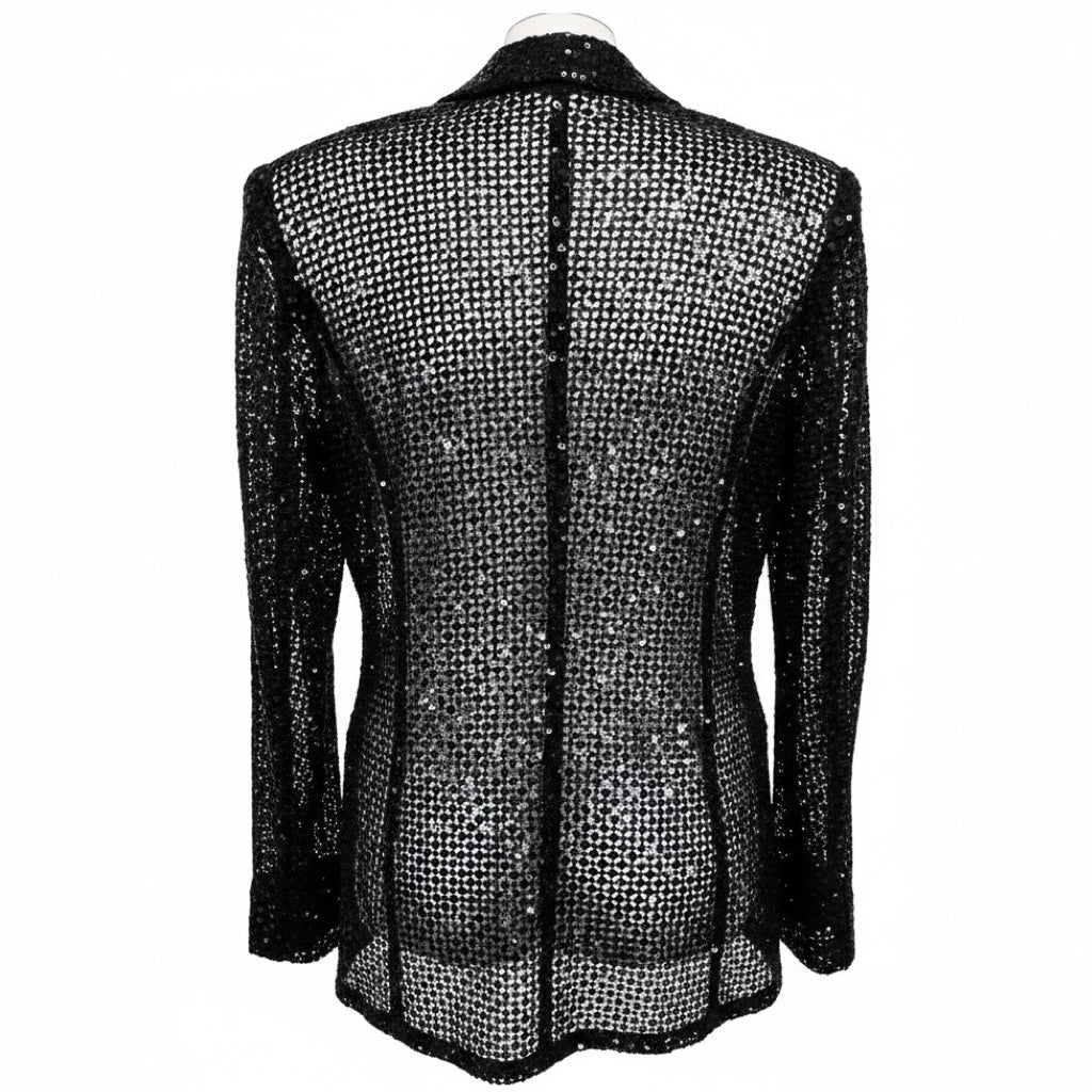 Armani Collezioni Black Micro Sequined and Embroidered Sheer Blazer Jacket
