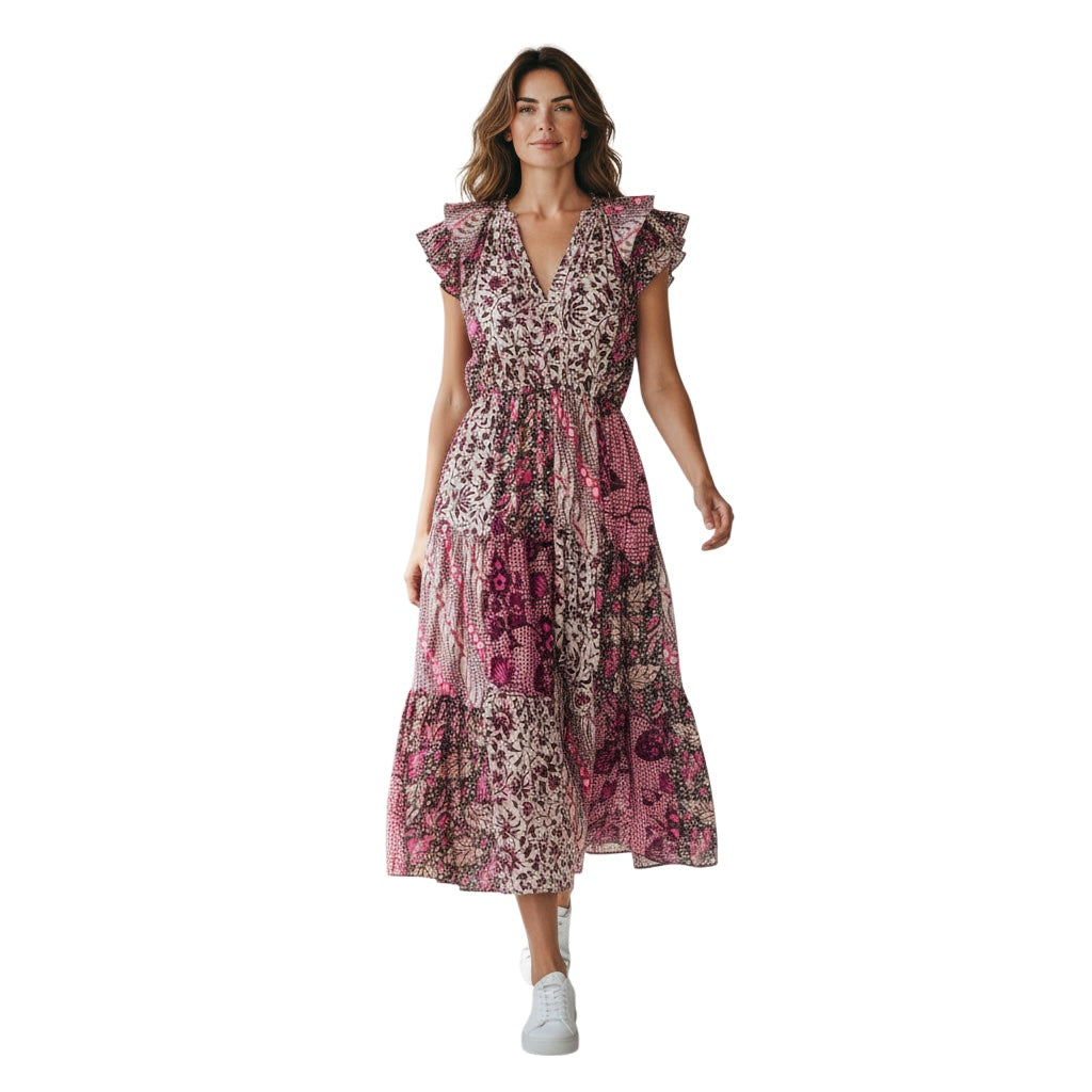 Ulla Johnson Pink / Black Cotton Asis Midi Dress