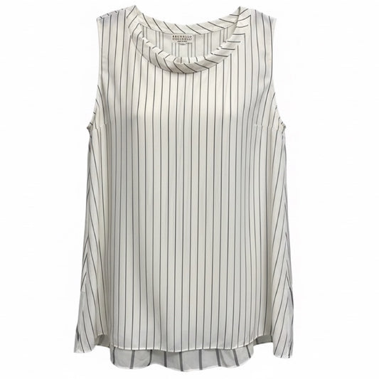 Brunello Cucinelli Ivory / Black Striped Sleeveless Silk Peplum Back Top with Monili