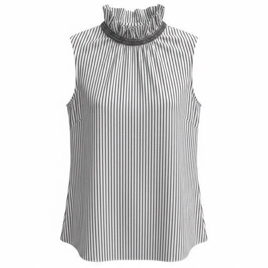 Brunello Cucinelli White / Charcoal Grey Striped Cotton Stretch Sleeveless Top with Monili