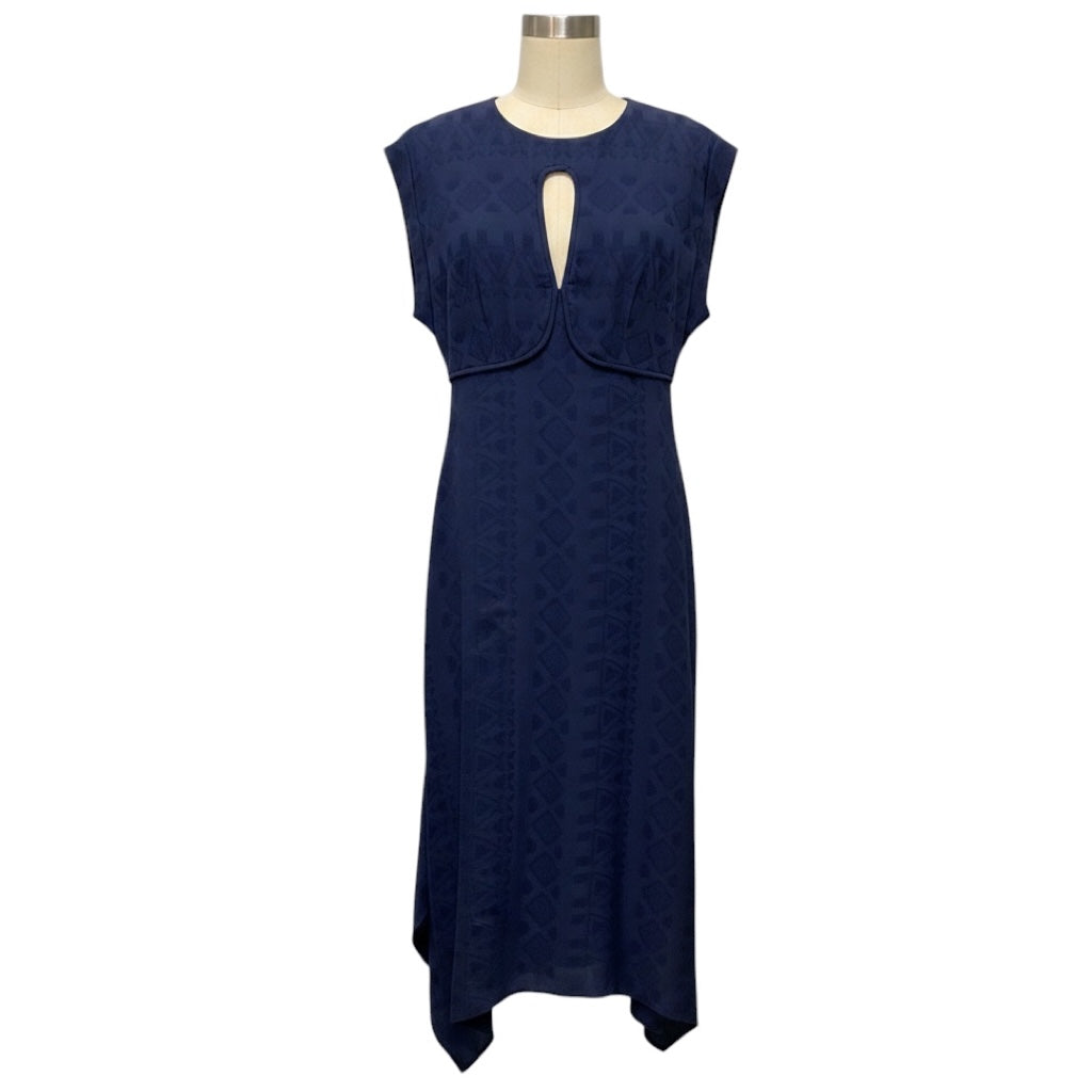 Ba&sh Blue Inaia Asymmetric Jacquard Midi Dress with Keyhole Detail