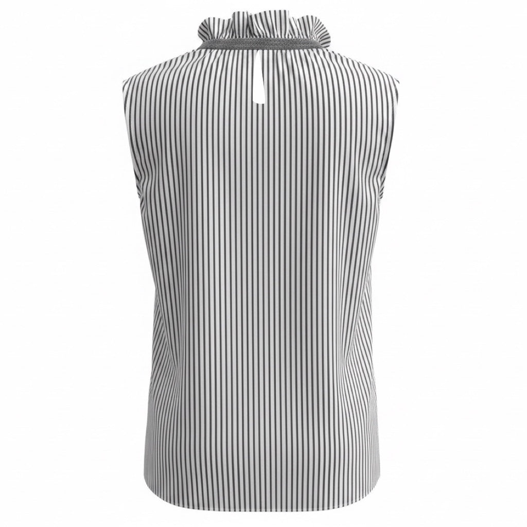 Brunello Cucinelli White / Charcoal Grey Striped Cotton Stretch Sleeveless Top with Monili