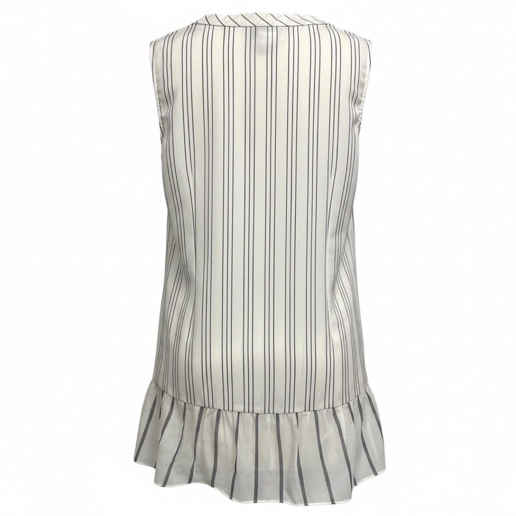 Brunello Cucinelli Ivory / Black Striped Sleeveless Silk Peplum Back Top with Monili