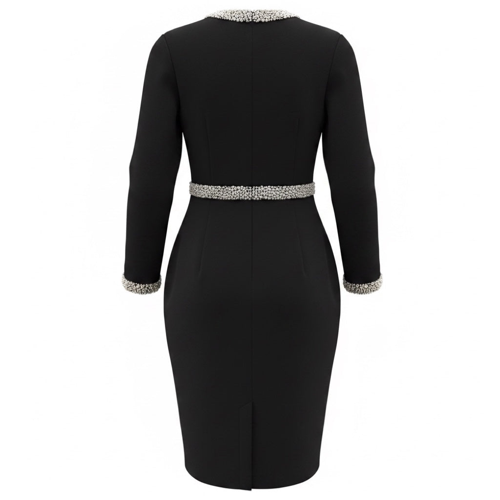 Badgley Mischka Black Pearl and Crystal Embellished Long Sleeved Midi Cocktail Dress