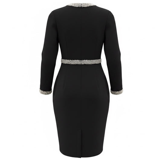 Badgley Mischka Black Pearl and Crystal Embellished Long Sleeved Midi Cocktail Dress