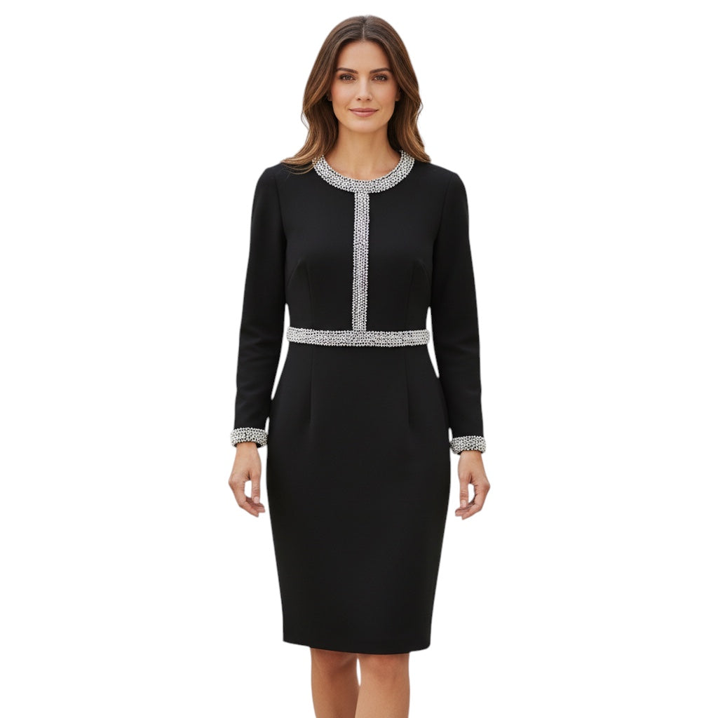 Badgley Mischka Black Pearl and Crystal Embellished Long Sleeved Midi Cocktail Dress