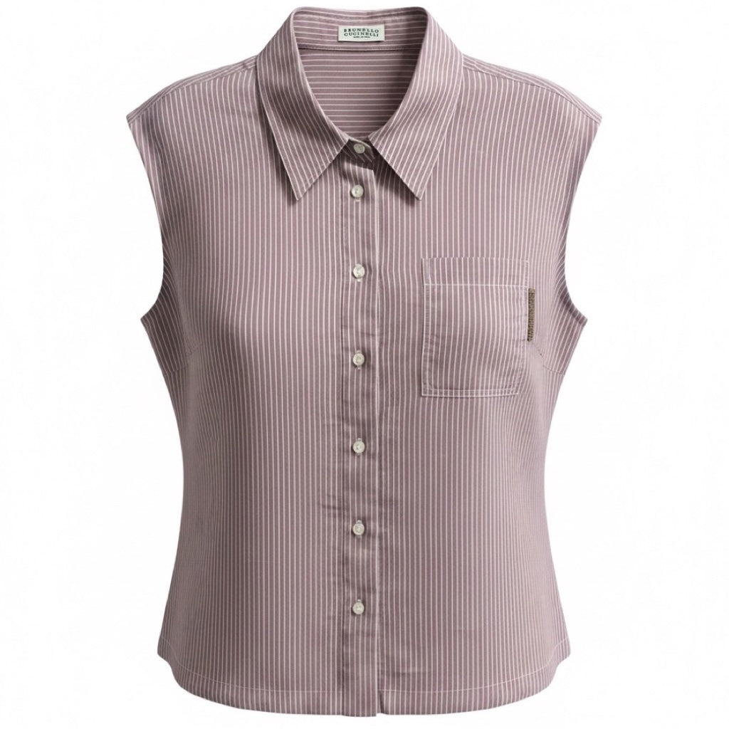 Brunello Cucinelli Lavender / White Striped Cotton and Silk Top with Monili