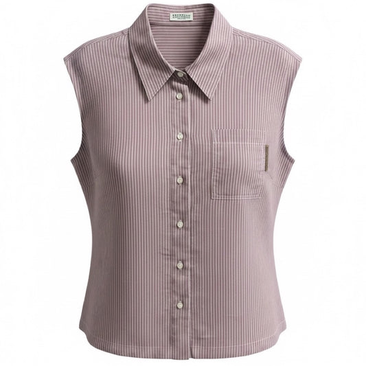 Brunello Cucinelli Lavender / White Striped Cotton and Silk Top with Monili