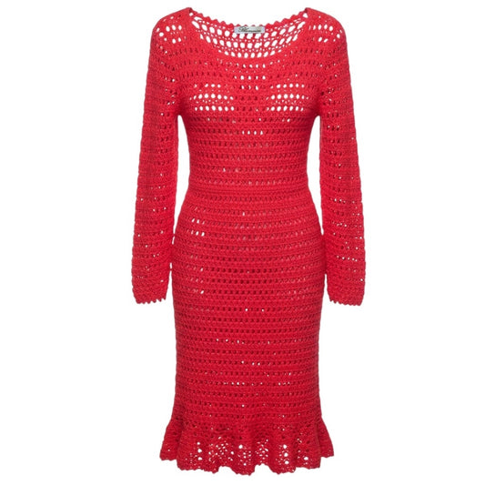 Blumarine Bright Fuchsia Crochet Knit Long Sleeved Dress