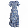 Load image into Gallery viewer, Borgo de Nor Blue / White Printed Short Sleeved Ruffled Tiered Cotton Midi Dress
