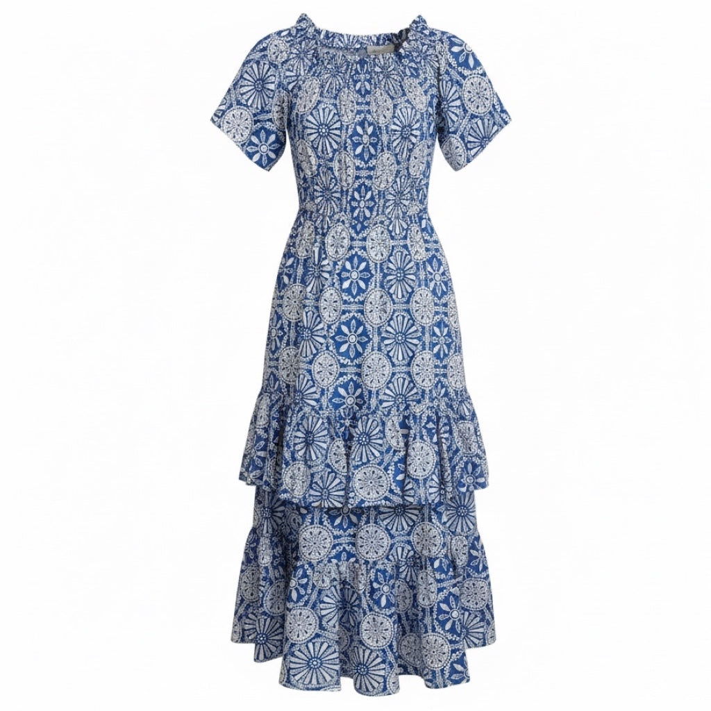 Borgo de Nor Blue / White Printed Short Sleeved Ruffled Tiered Cotton Midi Dress