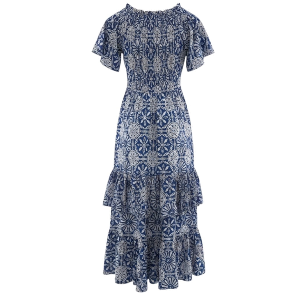 Borgo de Nor Blue / White Printed Short Sleeved Ruffled Tiered Cotton Midi Dress