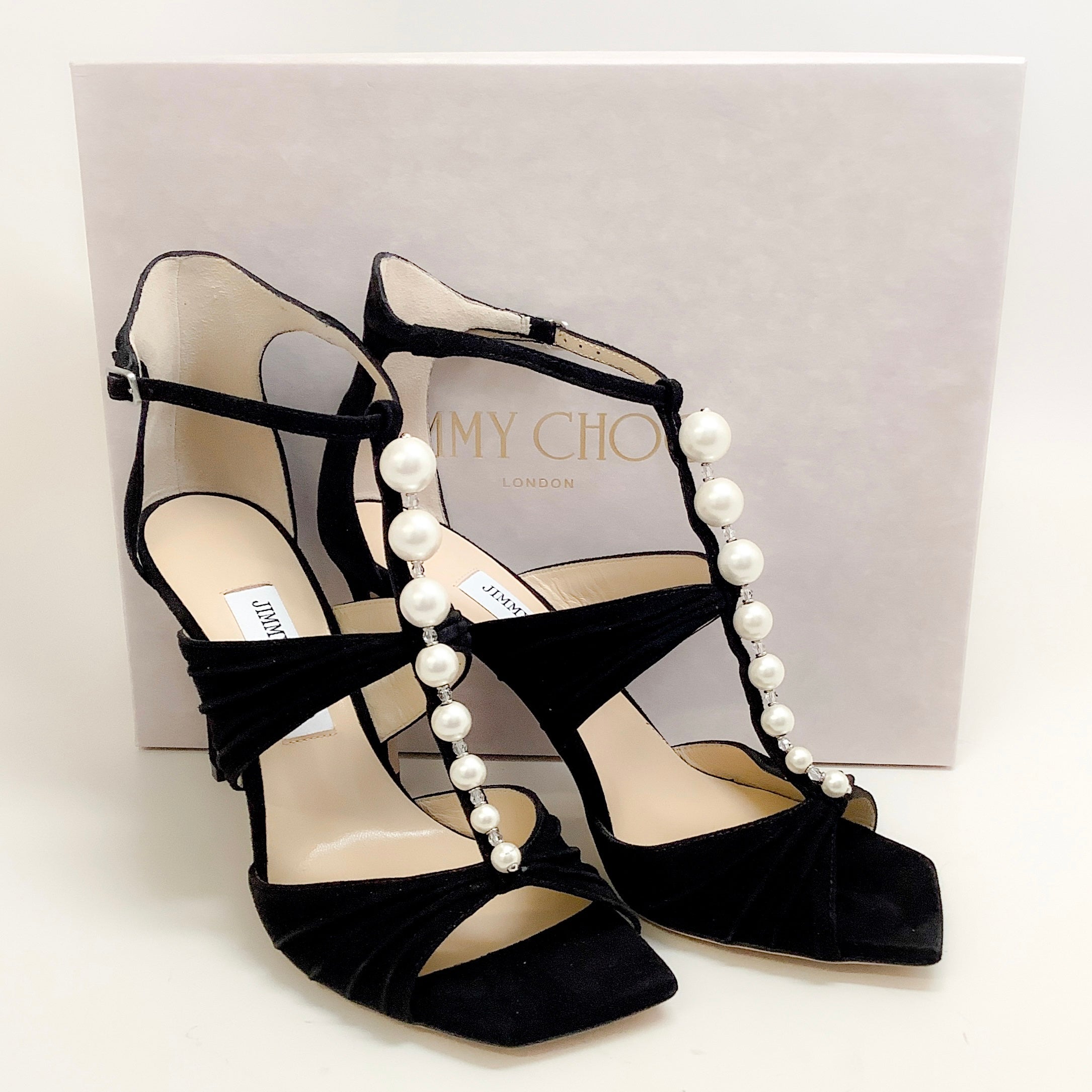 Jimmy Choo Black Suede Aura 95 Sandals With Pearls