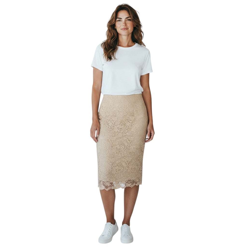 Brochu Walker Buff Beige Mara Lace Midi Skirt