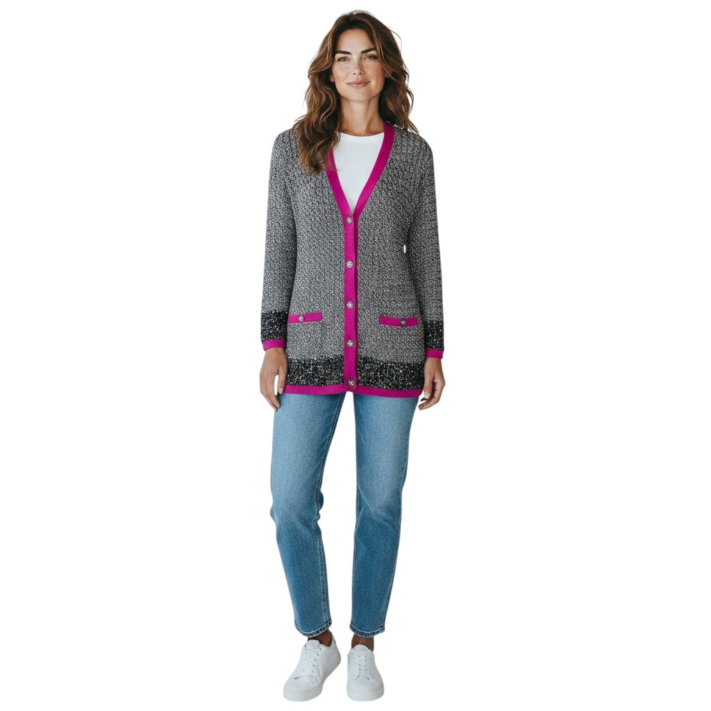 Chanel Grey / Black / Purple 2021 Sequined Metallic Knit CC Logo Button Cardigan Sweater