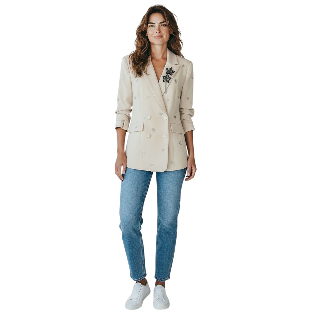Cinq a Sept Cream Star Embellished Crepe Blazer