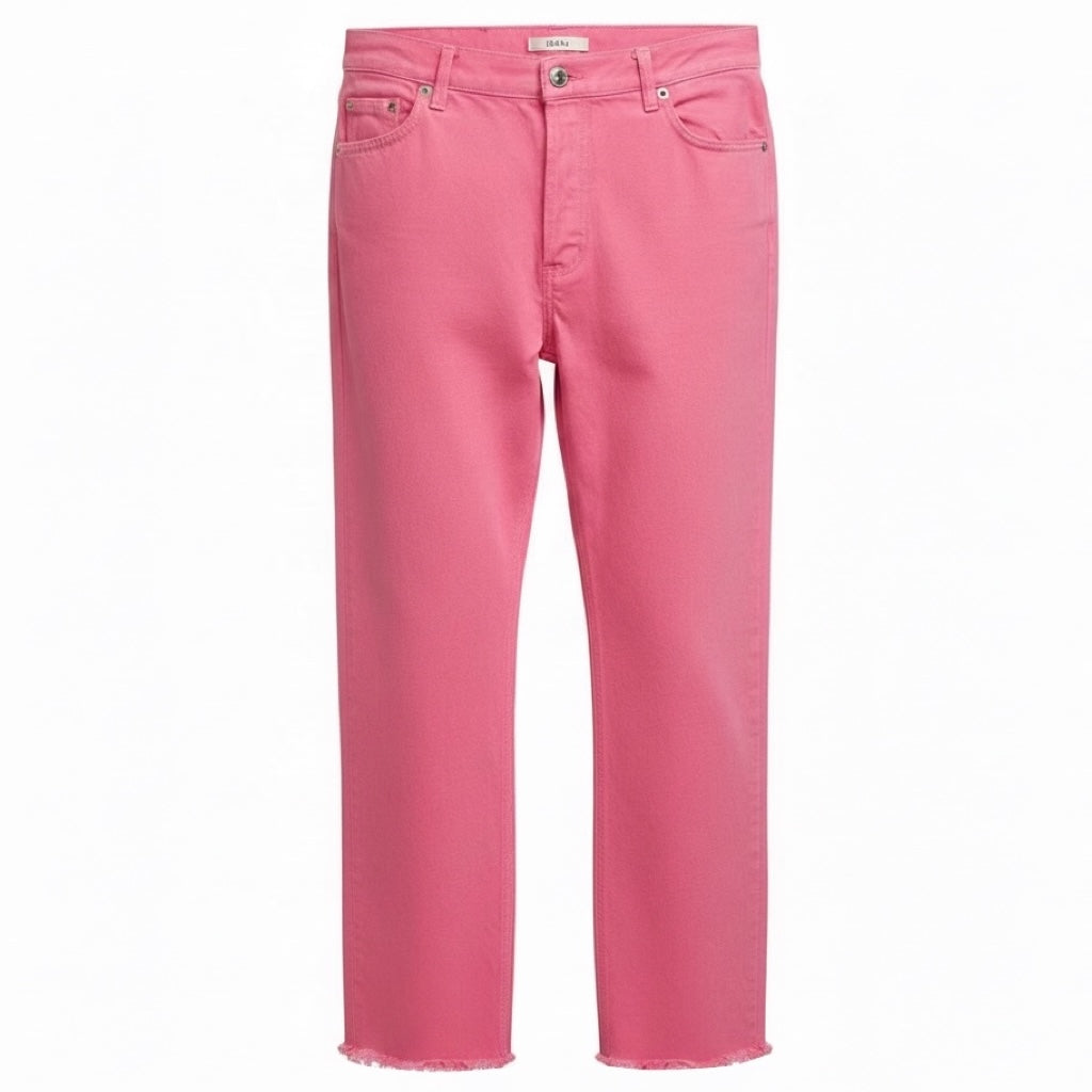 Celine Pink Frayed Hem Straight Leg Cotton Denim Jeans