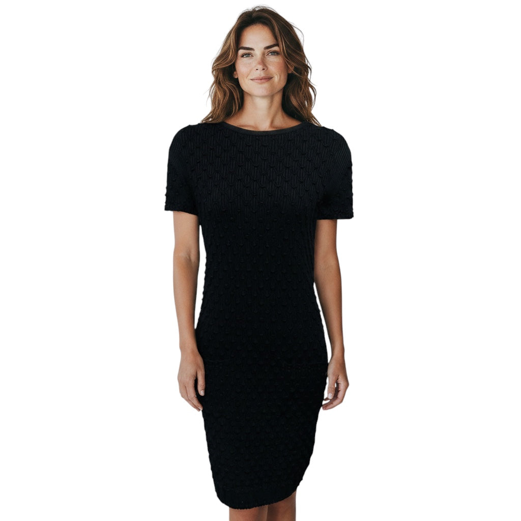 Chanel Black 2018 Textured Cotton Pique Ribbed Knit Short Sleeved Dress with CC Logo Plaque