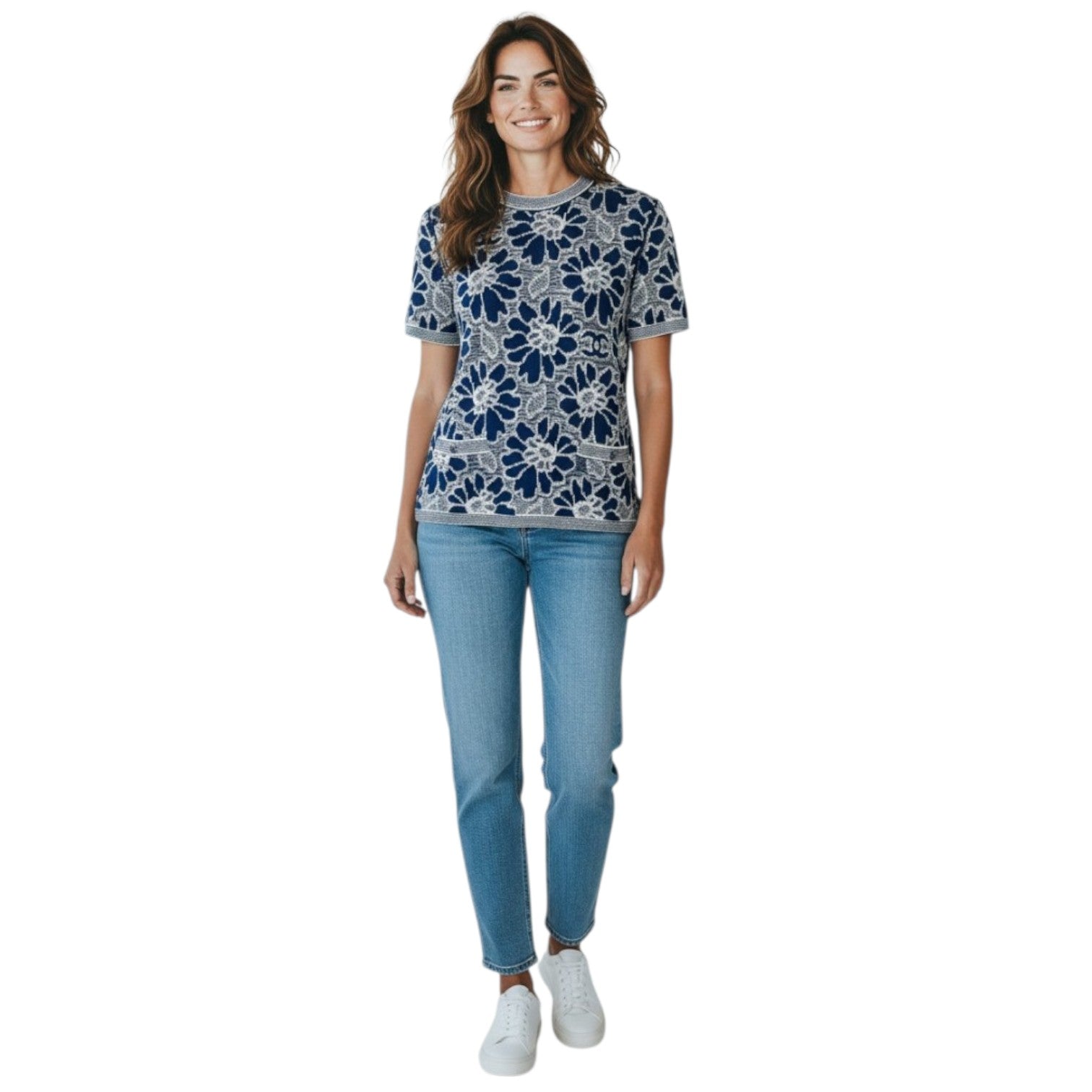 Chanel Navy Blue / White Floral Knit Top