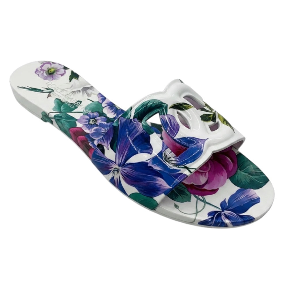 Dolce & Gabbana White / Pink / Purple Multi Floral Print Bianca Interlock Slide Sandal