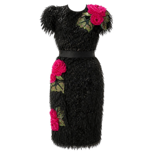 Dolce & Gabbana Black / Pink Rose Floral Applique Fringed Midi Cocktail Dress