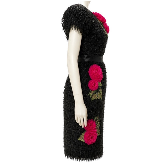 Dolce & Gabbana Black / Pink Rose Floral Applique Fringed Midi Cocktail Dress