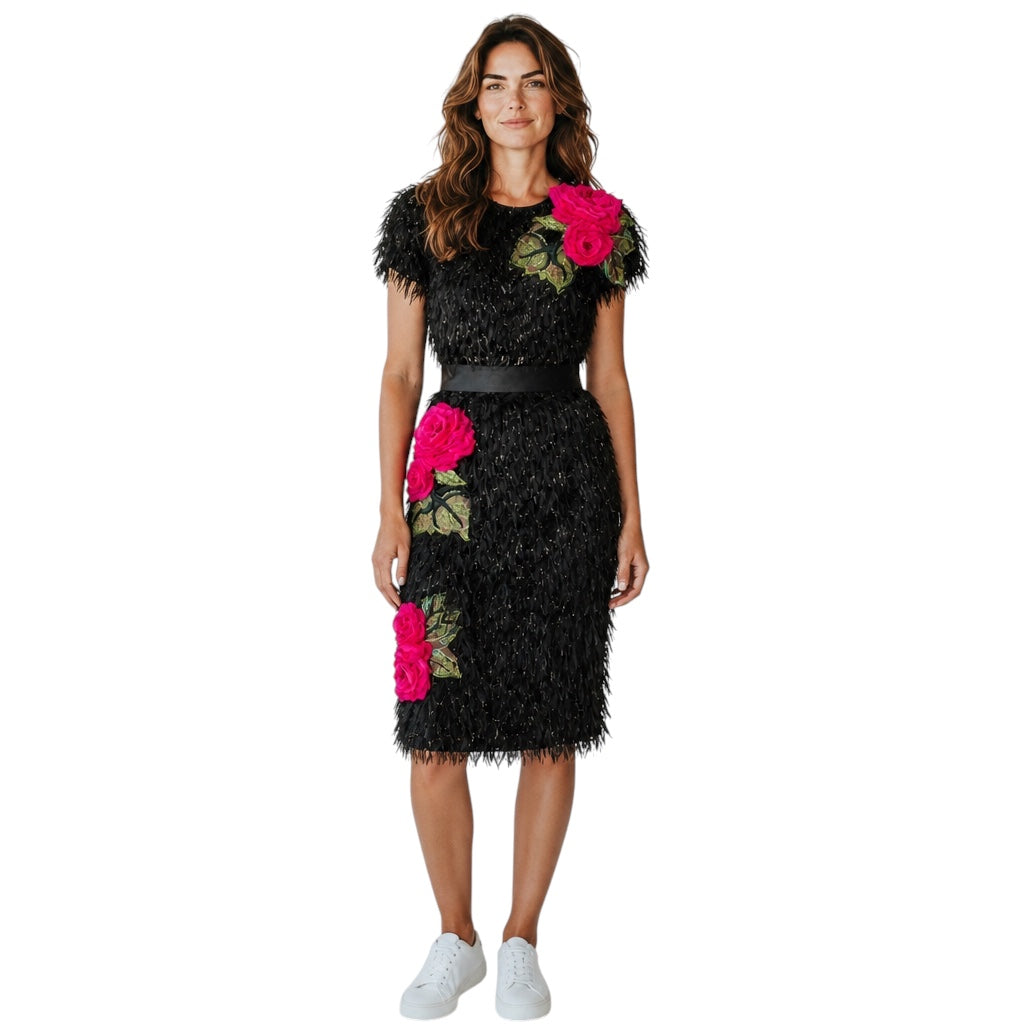 Dolce & Gabbana Black / Pink Rose Floral Applique Fringed Midi Cocktail Dress