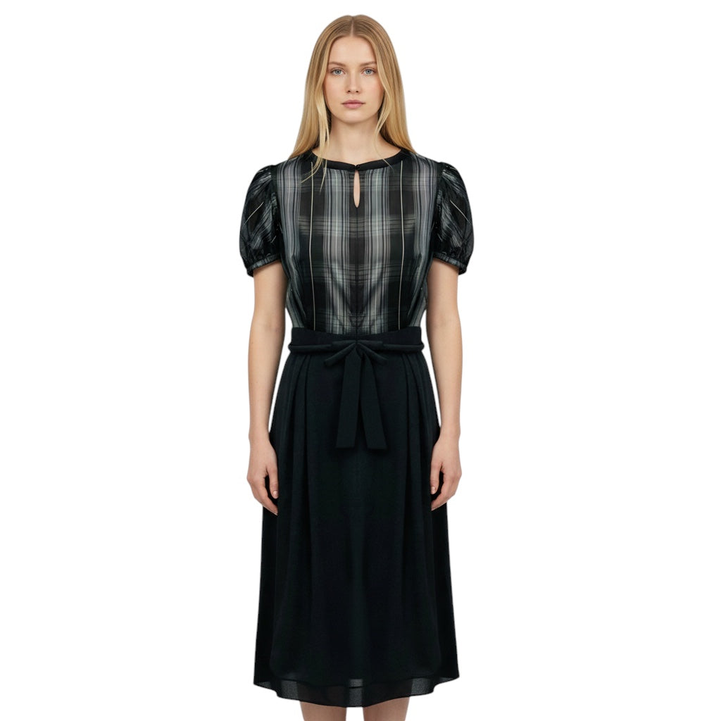 Dice Kayek Pink Label Charcoal Grey Multi Plaid Midi Dress with Bow Belt