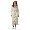 Load image into Gallery viewer, Matériel Tbilisi Champagne Metallic Structured Long Sleeved Silk Wrap Midi Dress with Shoulder Pads
