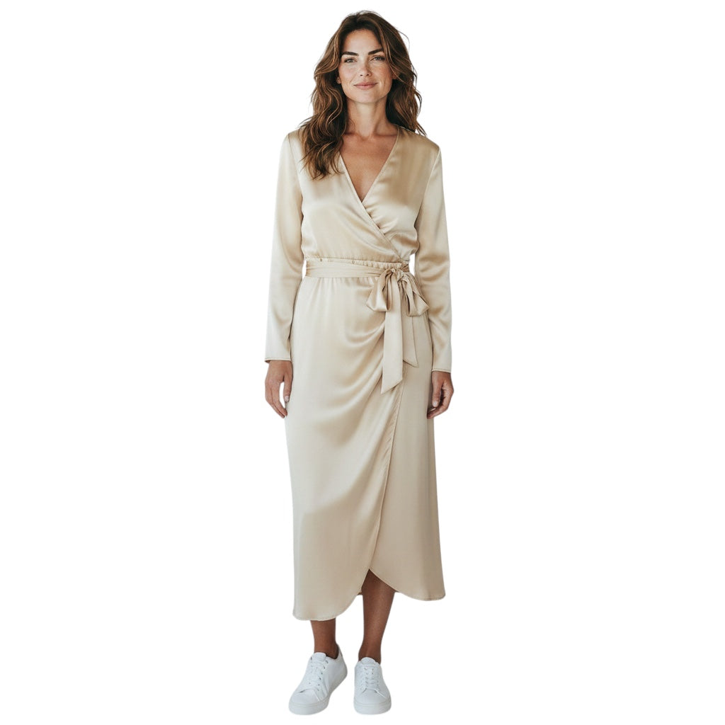Matériel Tbilisi Champagne Metallic Structured Long Sleeved Silk Wrap Midi Dress with Shoulder Pads