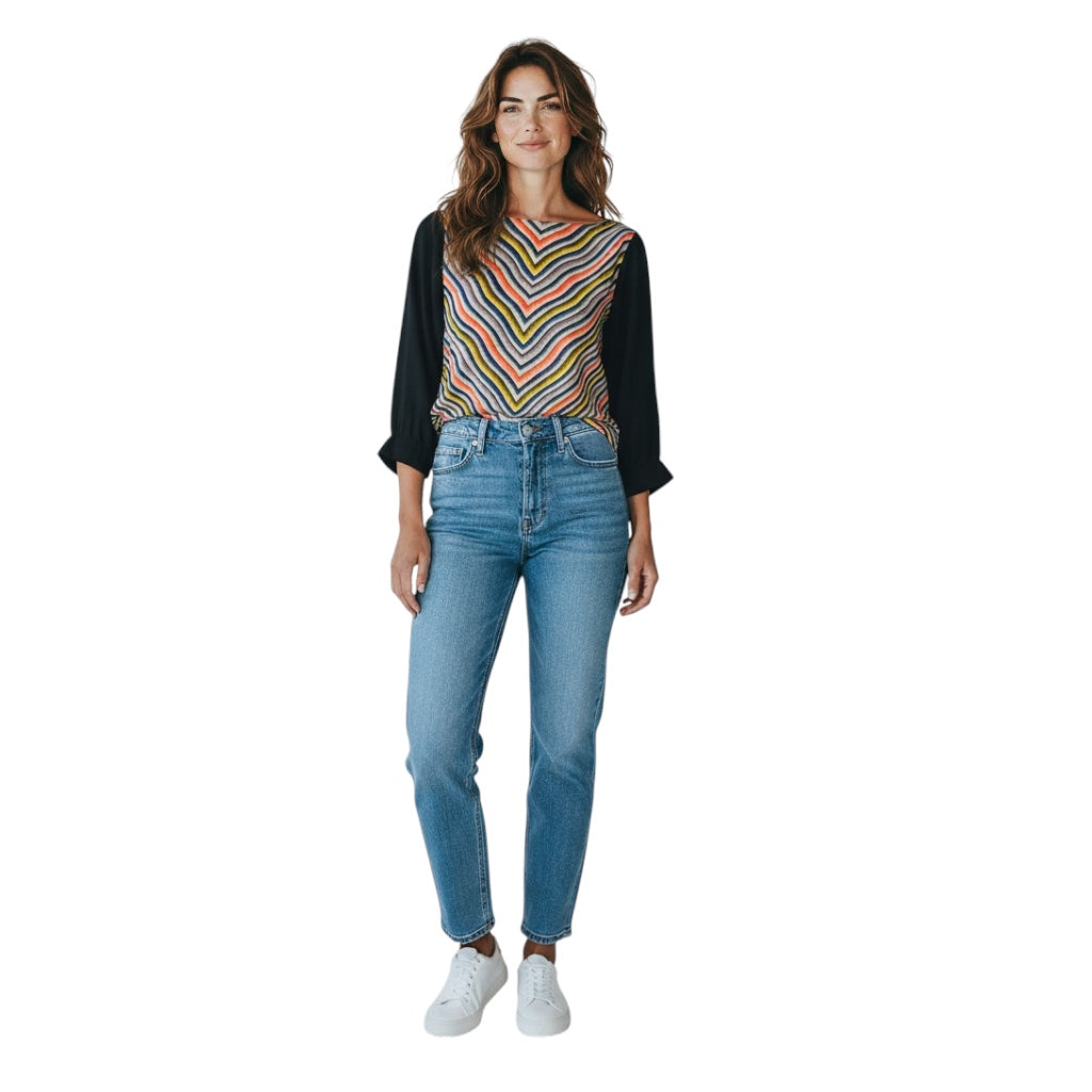 Dries Van Noten Black Multi Chevron Stripe Silk Top