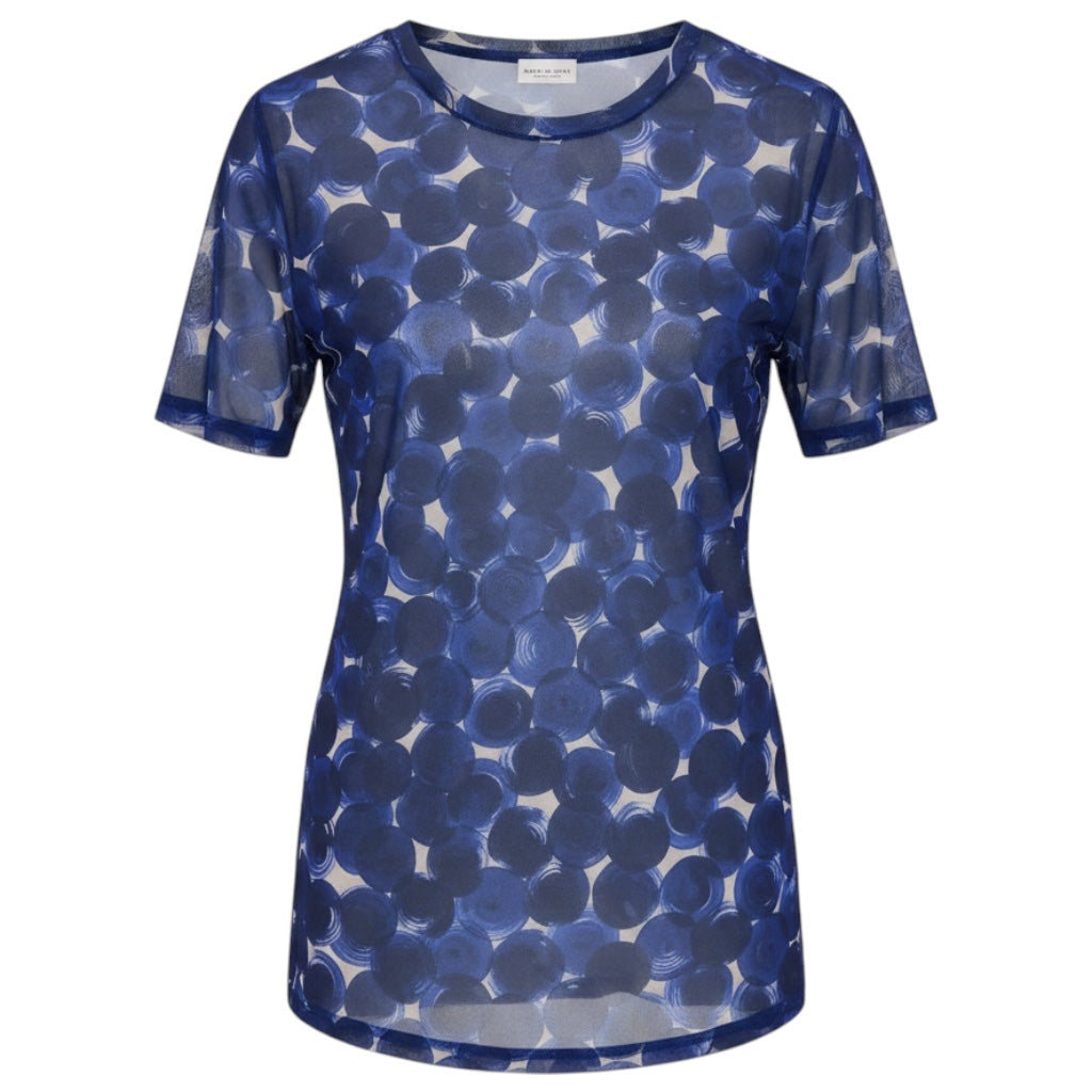 Dries Van Noten Blue Circle Print Short Sleeved Sheer Mesh Tulle Top