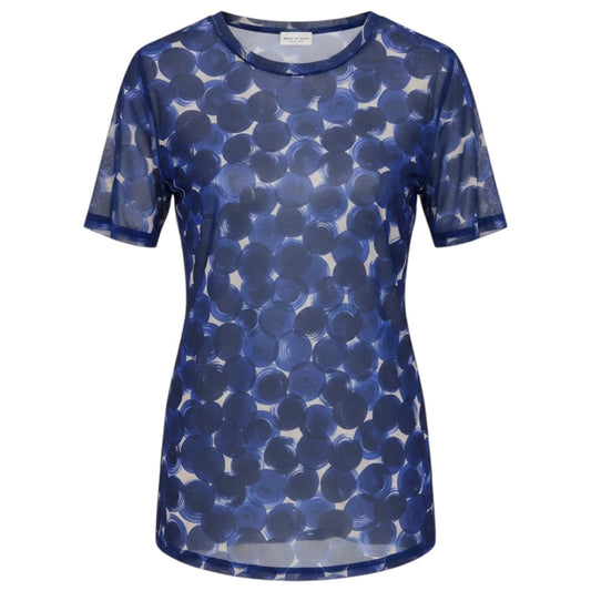 Dries Van Noten Blue Circle Print Short Sleeved Sheer Mesh Tulle Top