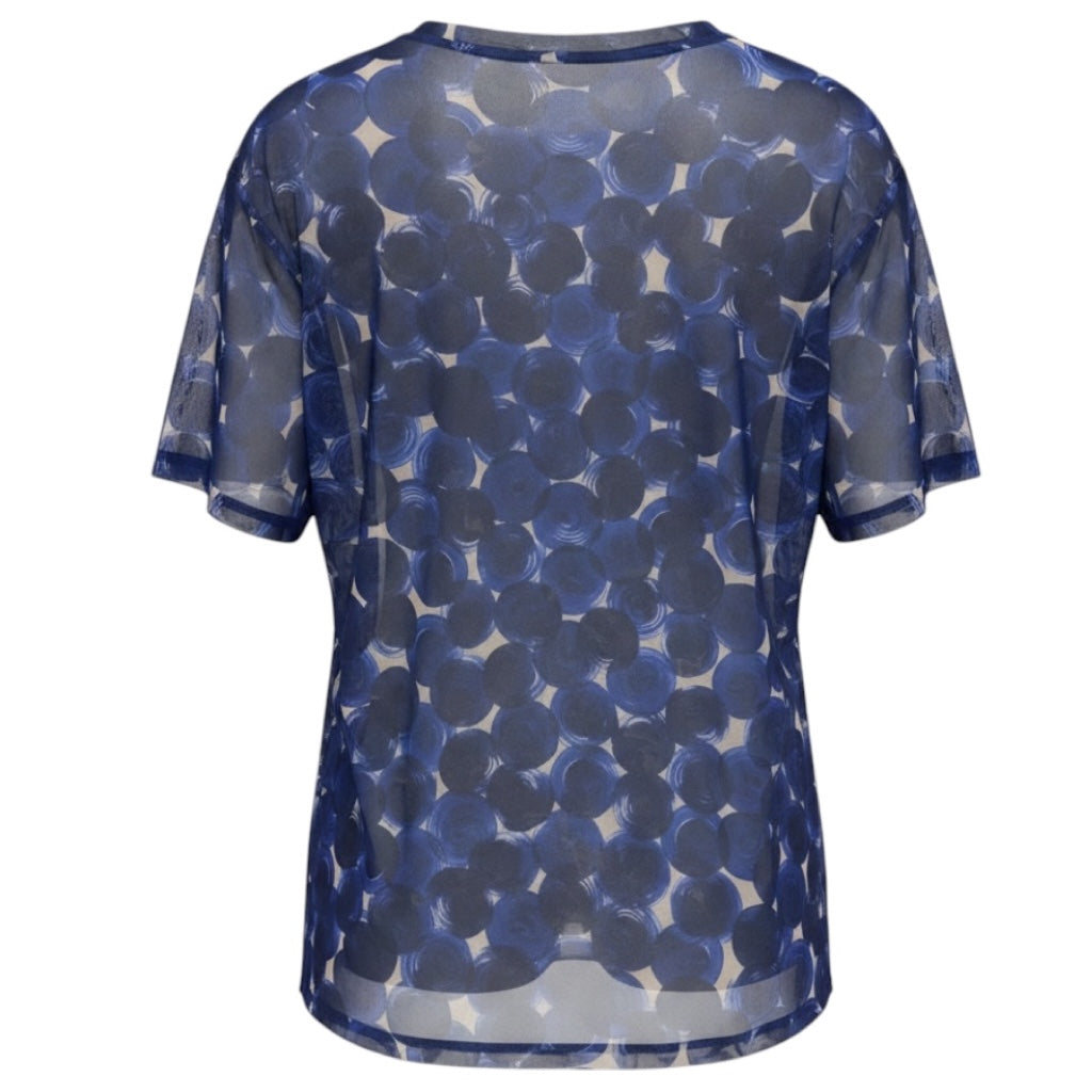 Dries Van Noten Blue Circle Print Short Sleeved Sheer Mesh Tulle Top