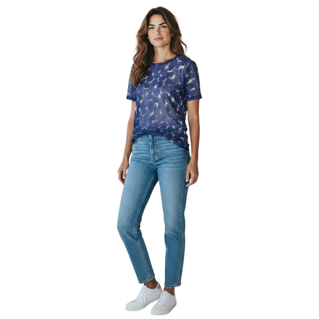 Dries Van Noten Blue Circle Print Short Sleeved Sheer Mesh Tulle Top