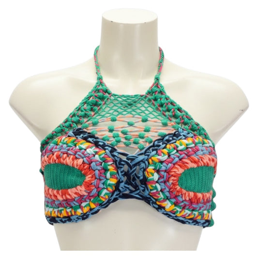 Etro Green Multicolor Maglia Loto Cropped Crochet Knit Top