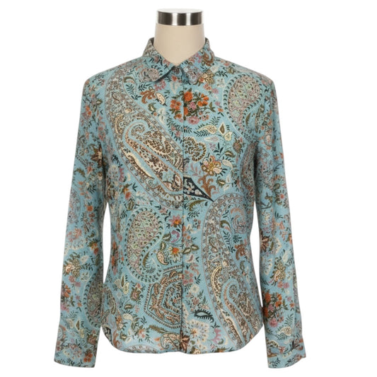 Etro Light Blue Multi Paisley Printed Button Front Linen Blouse