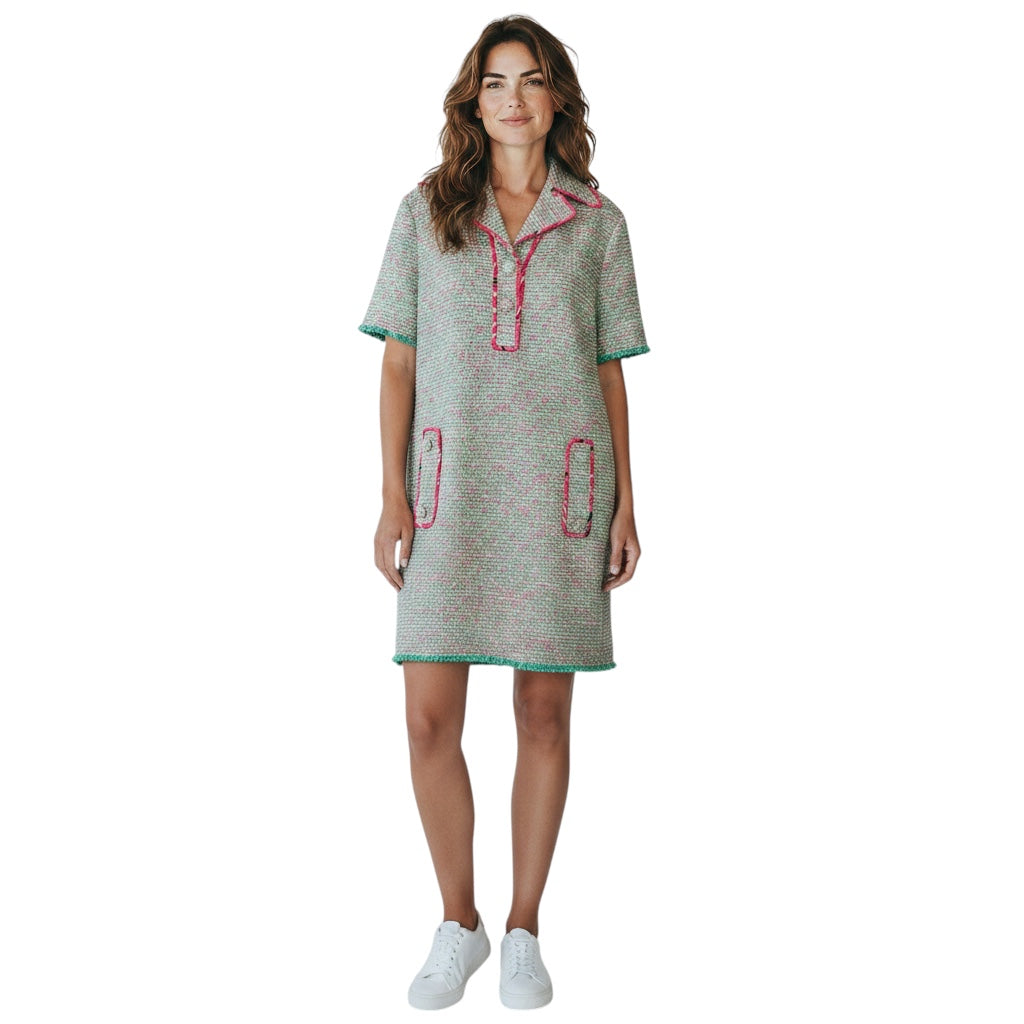 Etro Green / Pink Wool and Cotton Tweed Polo Dress