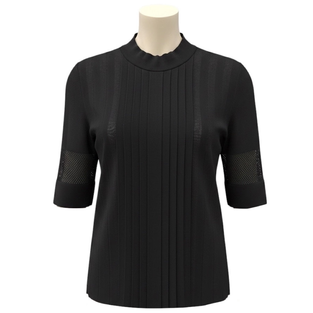 Emilio Pucci Black Pleated Three Quarter Sleeved Knit Sweater with Mesh Detailed Sleeves