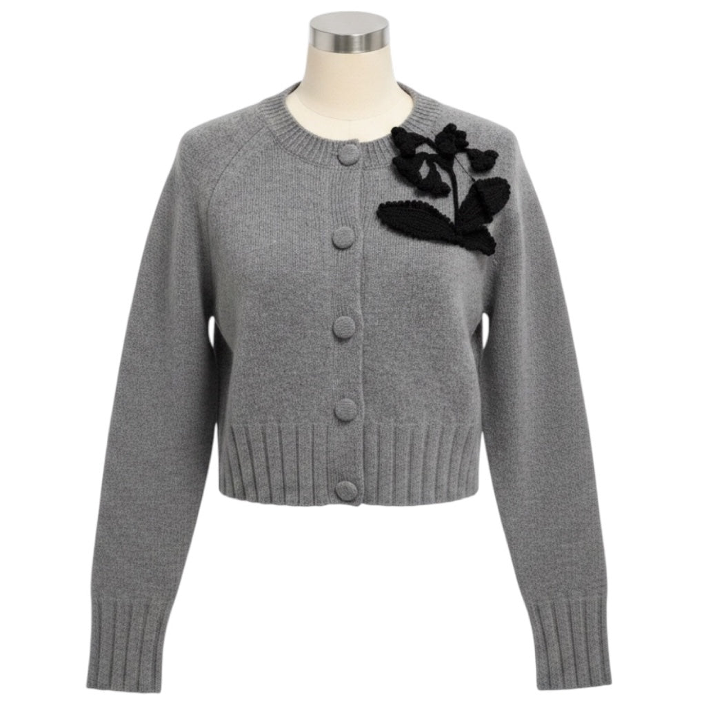 Erdem Grey Cropped Wool Knit Cardigan Sweater with Black Embroidery