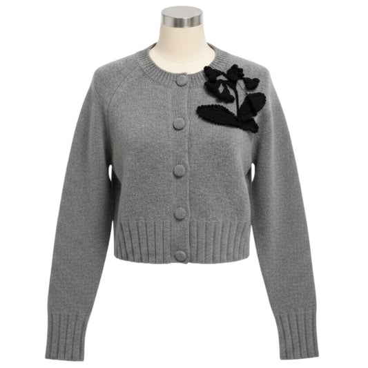 Erdem Grey Cropped Wool Knit Cardigan Sweater with Black Embroidery